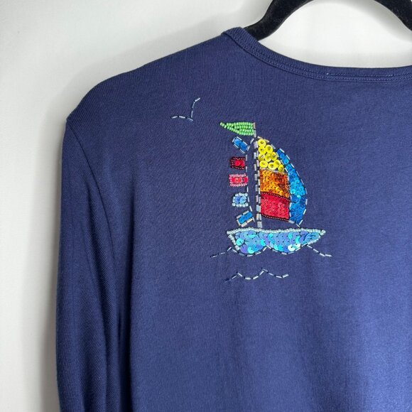 Quacker Factory Womens XL Sailboat Nautical Sequin Embellished 3/4 Sleeve Top - Picture 6 of 6